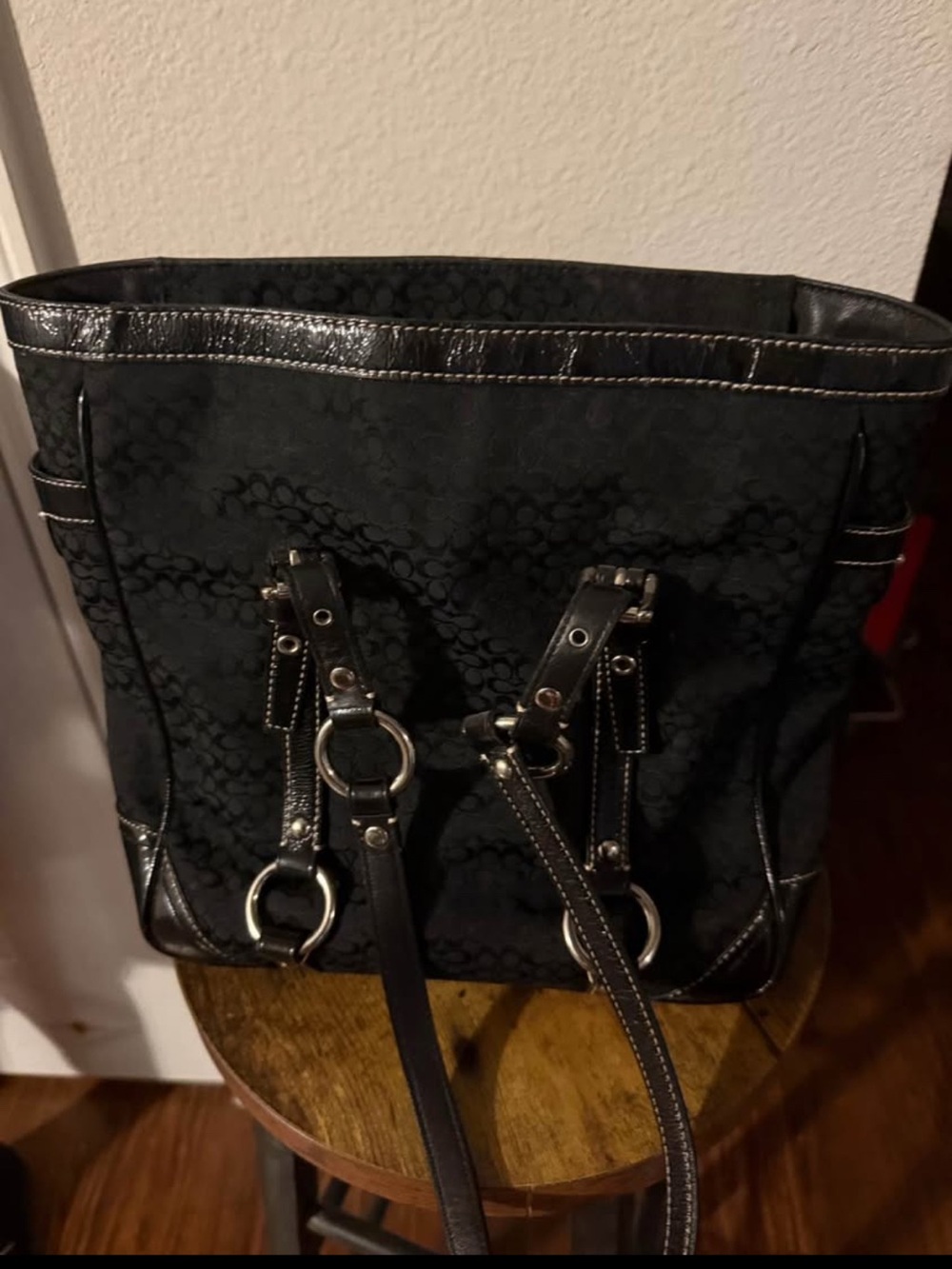 Coach Black Signature Canvas Tote with Silver Ring Hardware